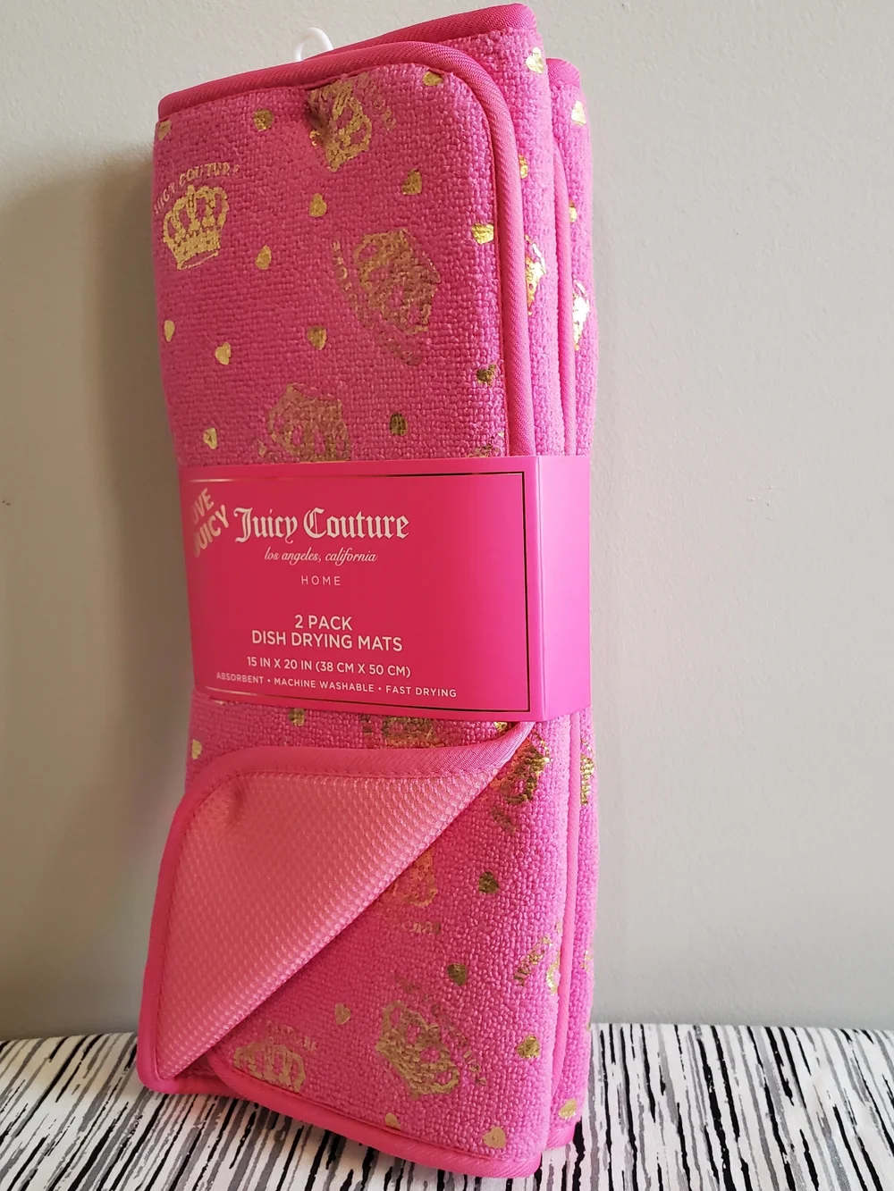 Juicy Couture Pink Dish Drying Mats with Gold Crowns 2 Pack - Picture 3 of 5